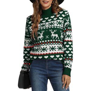Women Ugly Christmas Green##1 Sweater Reindeer Snowflake Knit Pullover Crew Neck